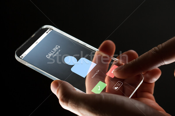 Stock photo: close up of hand with incoming call on smartphone