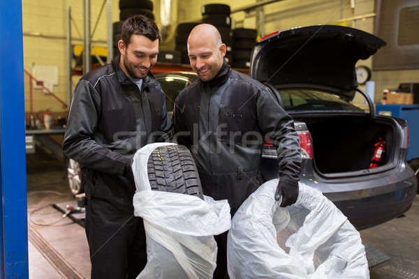 auto mechanics changing car tires at workshop Stock photo © dolgachov