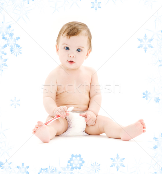 ストックフォト: 赤ちゃん · 少年 · おむつ · 歯ブラシ · 画像 · 雪