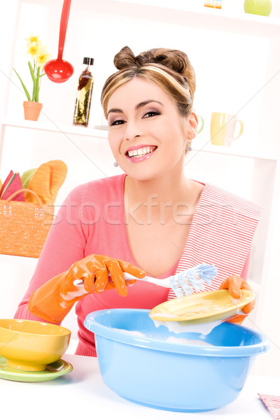 Hausfrau Waschen Gericht Bild schönen Küche Stock foto © dolgachov