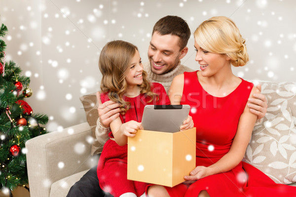smiling family taking tablet pc out from gift box Stock photo © dolgachov