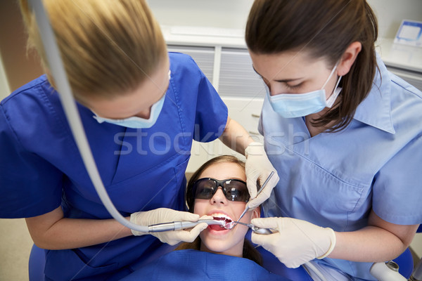 Foto stock: Feminino · dentistas · paciente · menina · dentes · pessoas