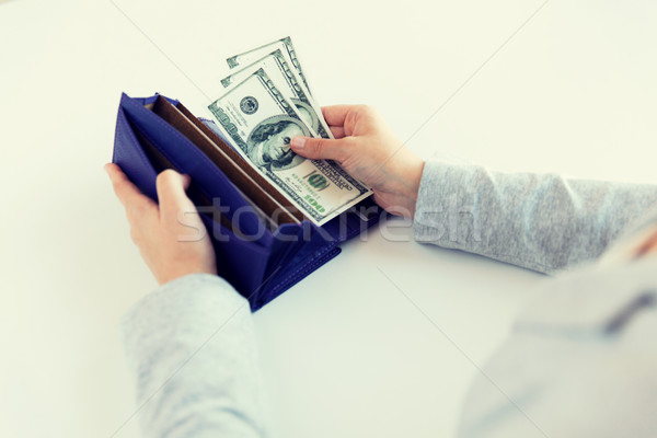 Stock photo: close up of woman hands with wallet and money