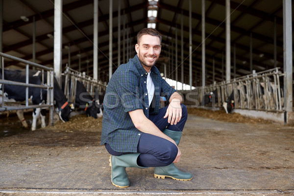 man or farmer with cows in cowshed on dairy farm Stock photo © dolgachov