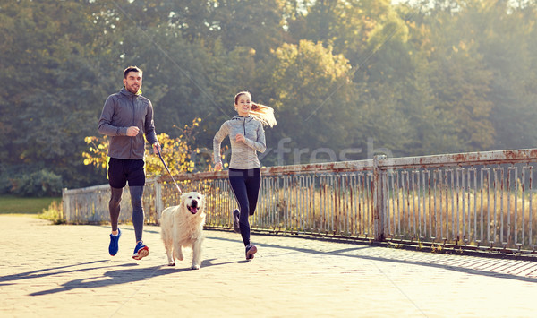happy couple with dog running outdoors Stock photo © dolgachov