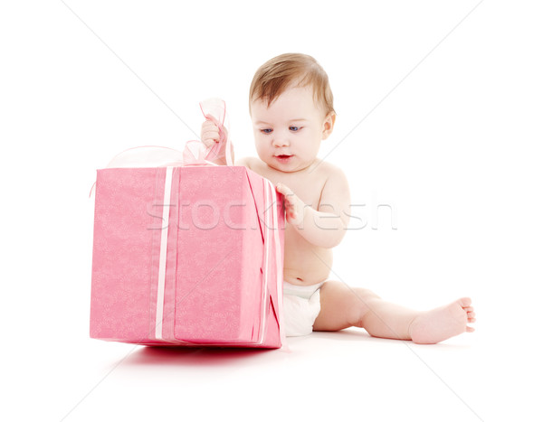 baby boy in diaper with big gift box #2 Stock photo © dolgachov