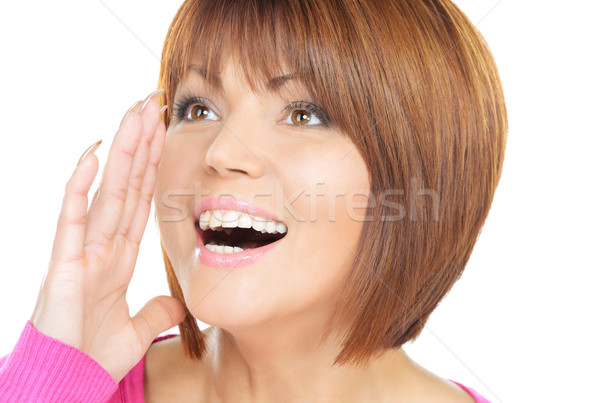 [[stock_photo]]: Femme · écouter · potins · lumineuses · photos · jeune · femme