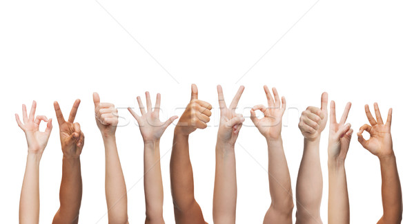 Stock photo: human hands showing thumbs up, ok and peace signs