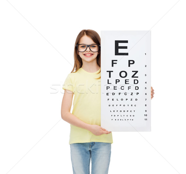 little girl in eyeglasses with eye checking chart Stock photo © dolgachov
