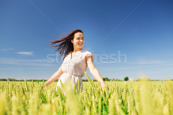 Stock fotó: Mosolyog · fiatal · nő · gabonapehely · mező · boldogság · természet