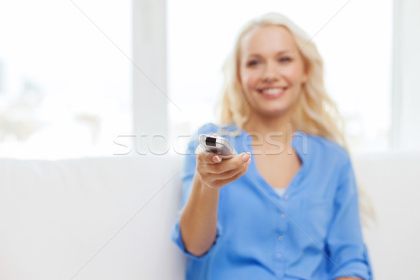 smiling teenage girl with tv remote control Stock photo © dolgachov
