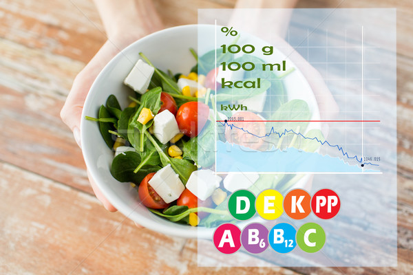 Stock photo: close up of woman hands showing salad bowl