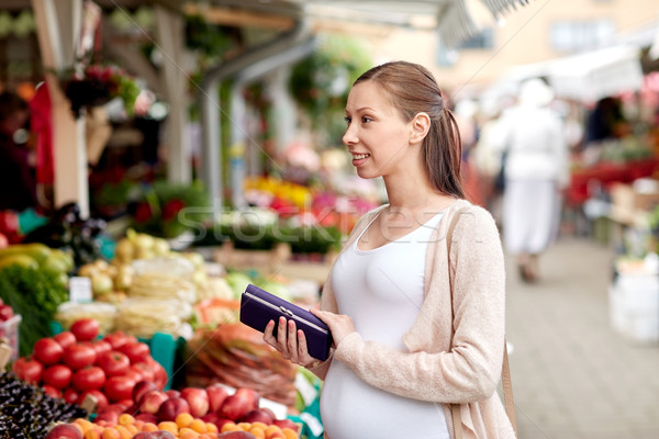 pregnant woman with wallet buying food at market Stock photo © dolgachov