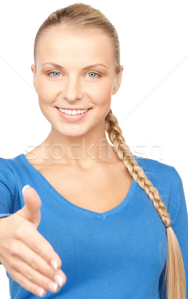 Kézfogás nő nyitva kéz kész üzlet Stock fotó © dolgachov