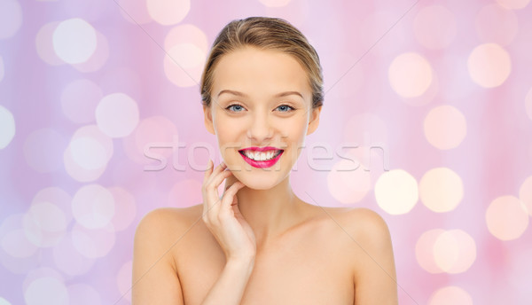 Foto stock: Sorridente · mulher · jovem · rosa · batom · lábios · beleza