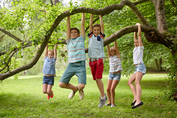happy kids hanging on tree in summer park Stock photo © dolgachov