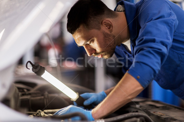 mechanic man with lamp repairing car at workshop Stock photo © dolgachov
