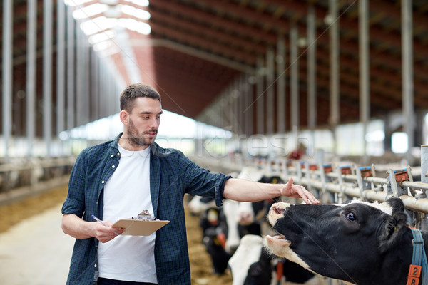 farmer with clipboard and cows in cowshed on farm Stock photo © dolgachov
