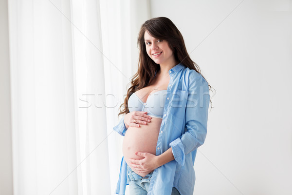 Stock fotó: Boldog · terhes · nő · nagy · pocak · otthon · terhesség