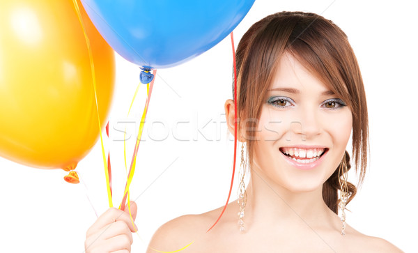 Foto stock: Feliz · balões · branco · mulher · festa