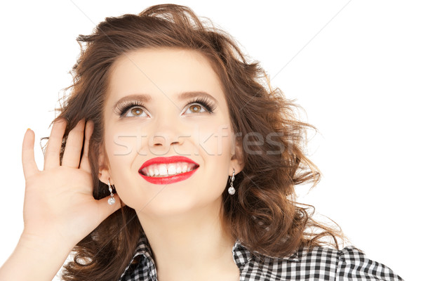 Mulher escuta fofoca brilhante quadro mulher jovem Foto stock © dolgachov