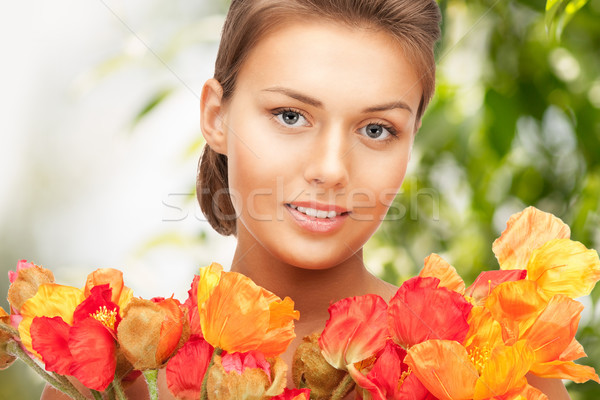Frau Bouquet Blumen Bild Mädchen glücklich Stock foto © dolgachov