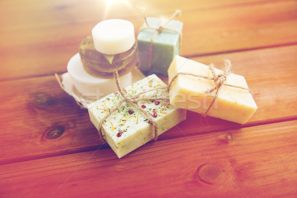 close up of handmade soap bars on wood Stock photo © dolgachov