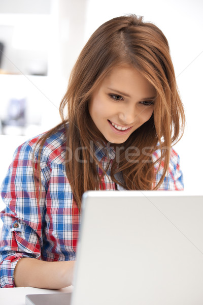 Gelukkig vrouw laptop computer foto internet home Stockfoto © dolgachov