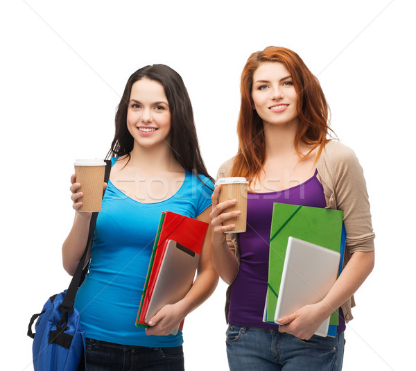 Stock fotó: Kettő · diákok · táska · mappák · tabletta · kávé