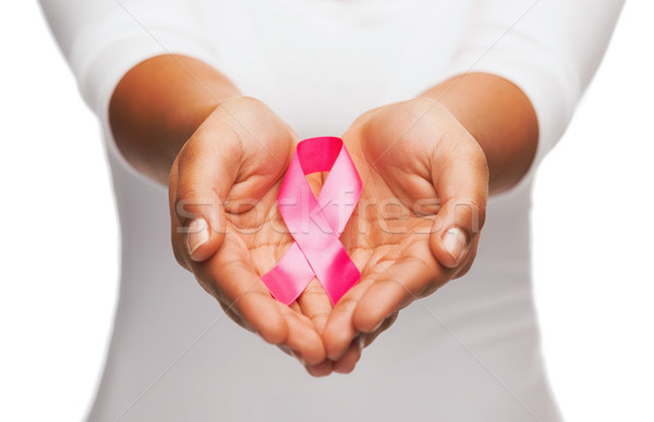 Foto stock: Mãos · rosa · câncer · de · mama · consciência · fita