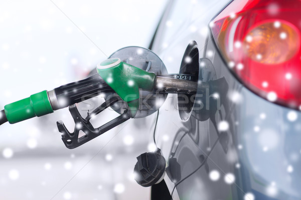 Stock photo: close up of fuel hose nozzle in car tank