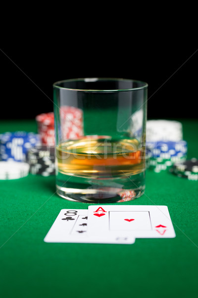 close up of chips, cards and whisky glass on table Stock photo © dolgachov