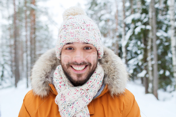 Foto stock: Sorridente · moço · inverno · floresta · temporada · natal