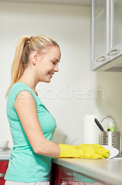 Foto stock: Feliz · mujer · casa · cocina · personas