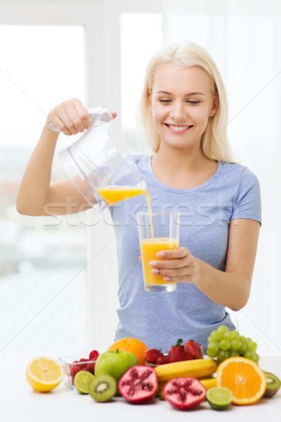 smiling woman pouring fruit juice to glass at home Stock photo © dolgachov