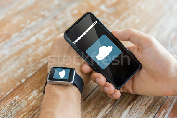 Stock photo: close up of hands with smart phone and watch