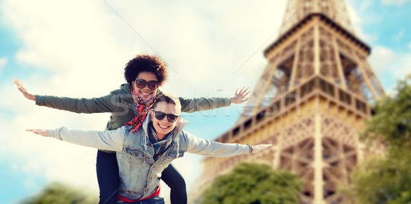 Сток-фото: счастливым · пару · Париж · Эйфелева · башня · дружбы