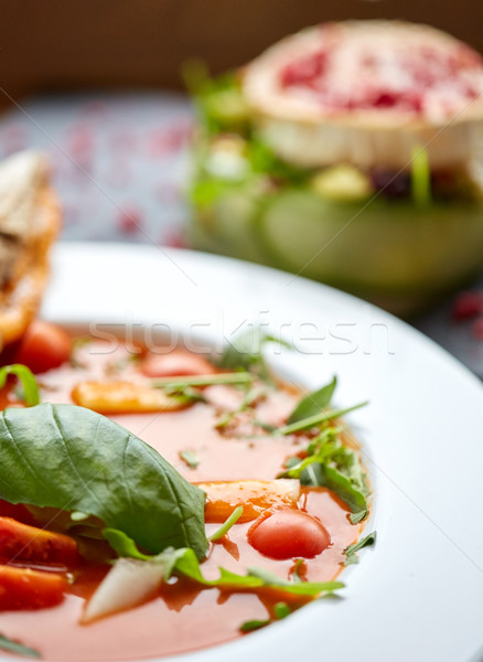close up of gazpacho soup at restaurant Stock photo © dolgachov