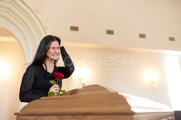 Llorando mujer Rose Red ataúd funeral entierro Foto stock © dolgachov