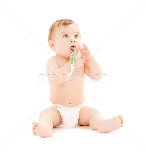 好奇 嬰兒 刷牙 光明 圖片 家庭 商業照片 © dolgachov