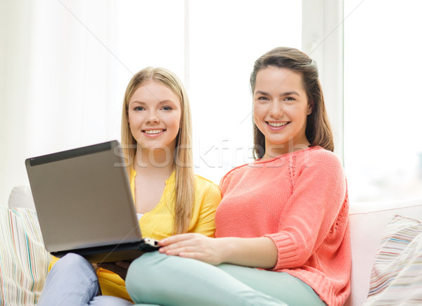 Stock photo: two smiling teenage girls with laptop at home