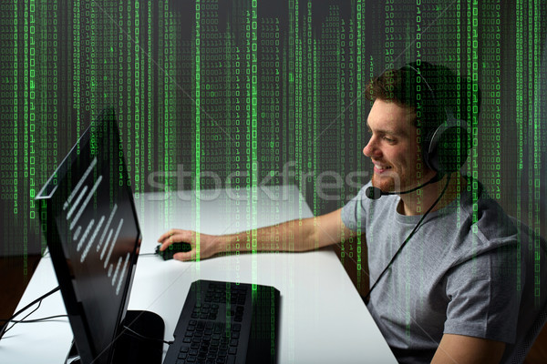 man in headset playing computer video game at home Stock photo © dolgachov
