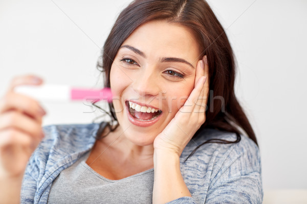 happy woman looking at home pregnancy test Stock photo © dolgachov