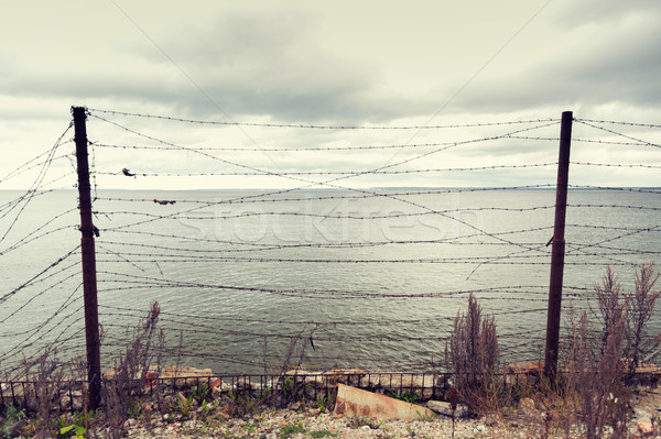 barb wire fence over gray sky and sea Stock photo © dolgachov