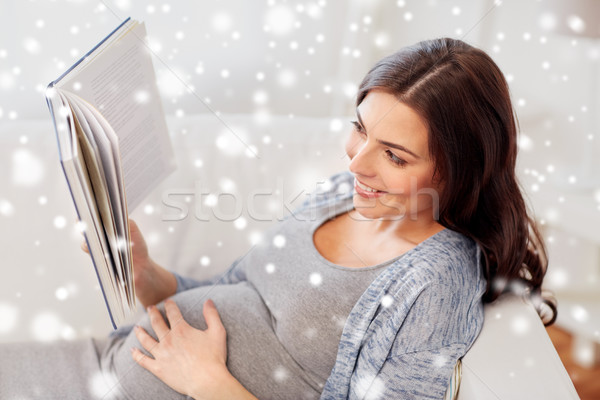 Stock fotó: Boldog · terhes · nő · olvas · könyv · otthon · terhesség