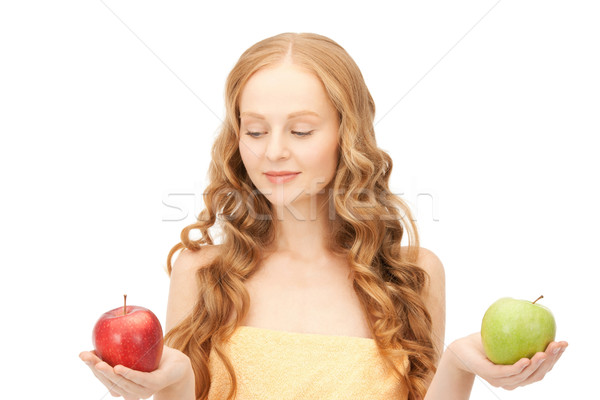 Foto stock: Jóvenes · mujer · hermosa · verde · rojo · manzanas · Foto