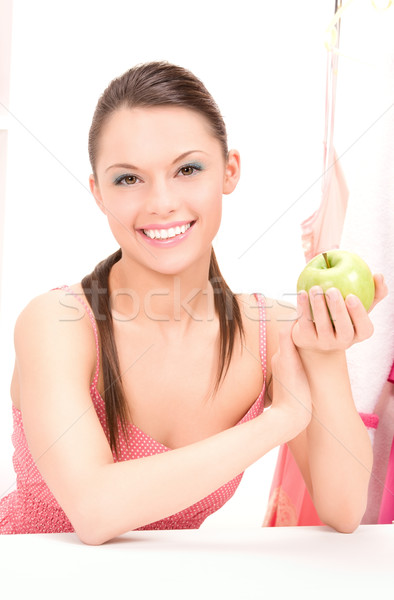 Foto stock: Jovem · bela · mulher · verde · maçã · quadro · menina