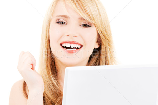 Stockfoto: Tienermeisje · laptop · computer · foto · vrouw · internet · gelukkig