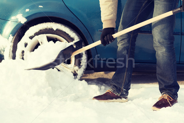 closeup of man digging up stuck in snow car Stock photo © dolgachov