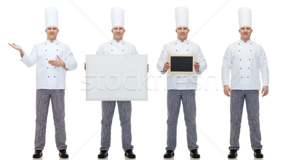 happy male chef cook holding blank menu board Stock photo © dolgachov